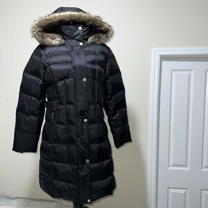 Utex Canada Down Feather Fill Puffer Coat Removable Faux Fur Trim Hood M Black